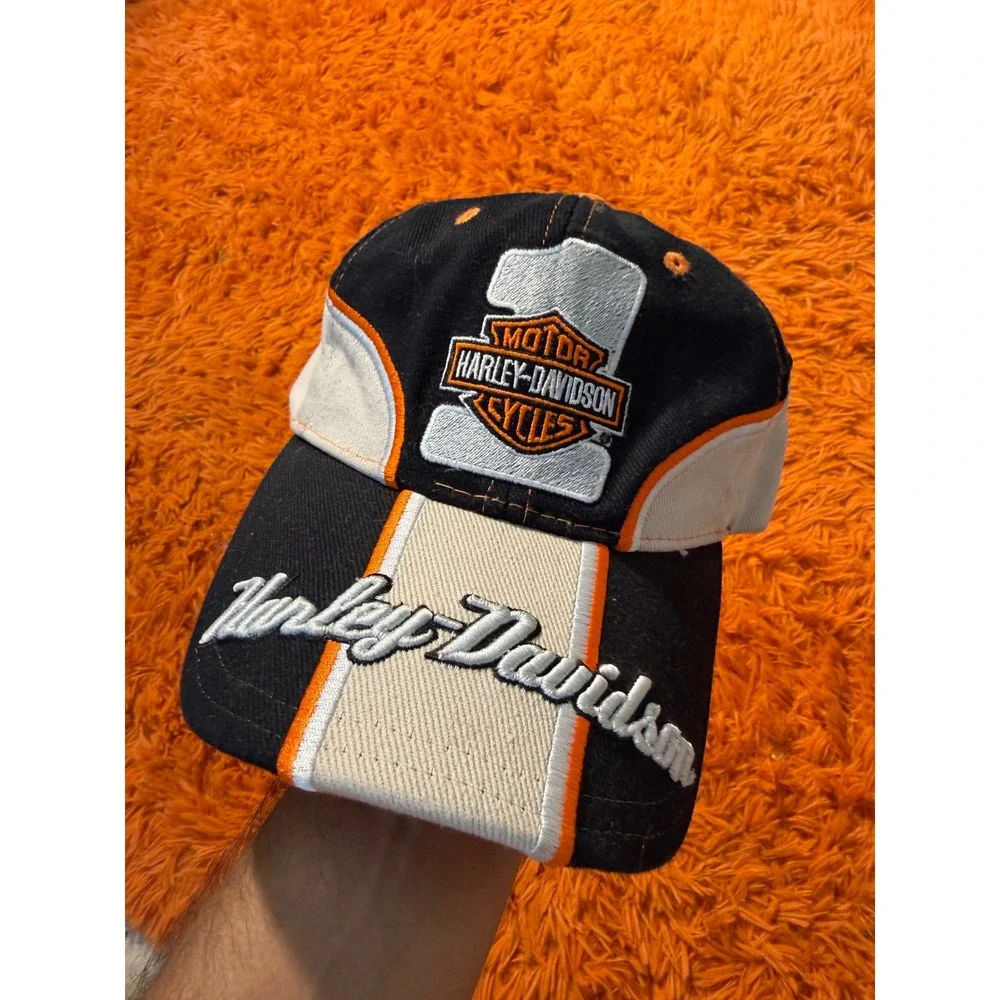 Harley-Davidson Racing Hat Black Orange Cream Embroidered Logo Adjustable Cap
